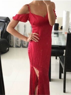 NWT Marciano Red Cold-Shoulder Satin High-Low Dress